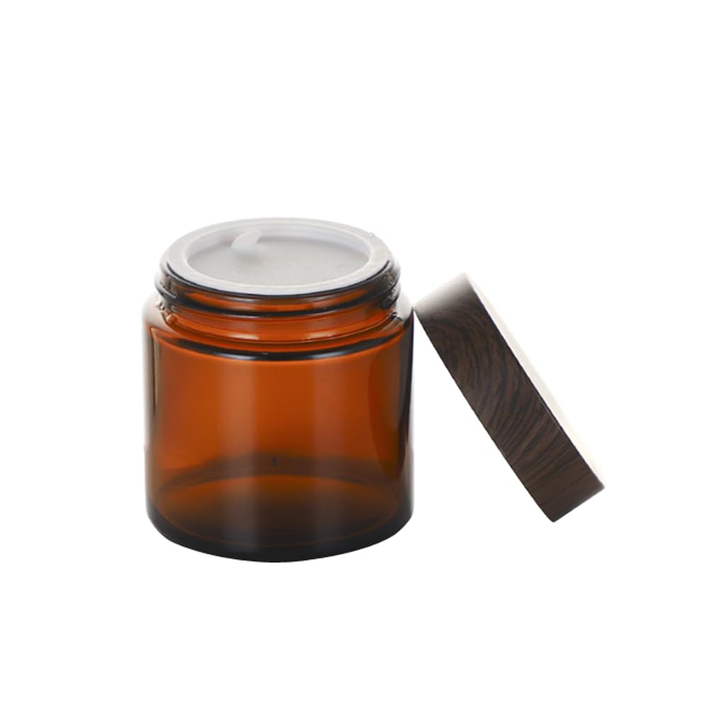 2 Packs 150ml 5oz Amber Glass Jars with Plastic Wood Grain Lid and Inner Liners Refillable Cosmetic Cream Jar Cosmetic Storage Containers for Face Cream Balm Lotion DIY Crafts - Image 2