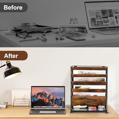 Solinxe Zeitungshalter Wand aus Holz mit 5 Fächern Metall Zeitungsständer Hängeregister Wandablagefächer A4 Papier Dokumentenablage Büro Schule Ablage Organizer, Schwarz/Antik