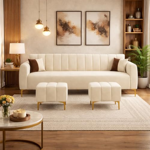 Image of Habibi 5 Seater L Shape Sofa Set with 2 Movable Ottomans | Flexible Layout | Rich Velvet Suede Fabric | Silver Legs | Modern Sofa for Living Room (Cream)