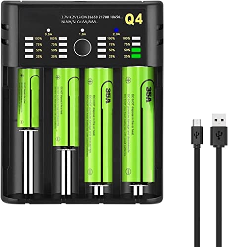 Cargador de Batería, Cargador Universal de 4 Ranuras con Entrada Micro USB Cargador de Batería con Pantalla LCD para Baterías Li- Ion/NiMH0/NiCD- de los Tamaños 18650 16340 AA AAA