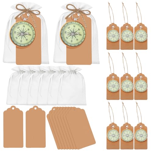 TaoBary 60 Pcs Compasses Bulk Glow in The Dark Wedding Favors Set Mini Compass Nautical Party Souvenir with Kraft Tags and Organza Bag for Guests Birthday Travel Gift Christmas Ornaments