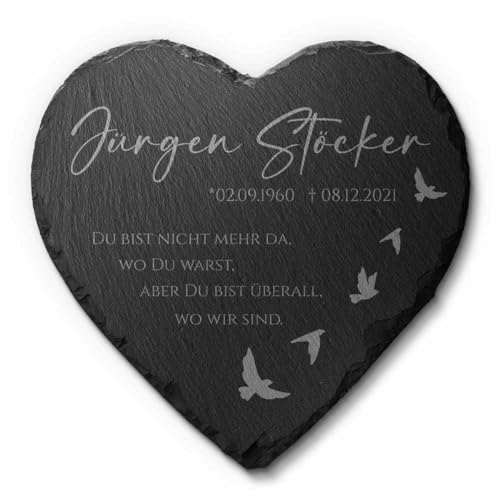 CHRISCK design Große Grabplatte Herz aus Schiefer mit Gravur - Grabstein in Herzform mit vielen Motiven - Grabschmuck wetterfest imprägniert für Urnengrab Grab - personalisierte Grabdeko