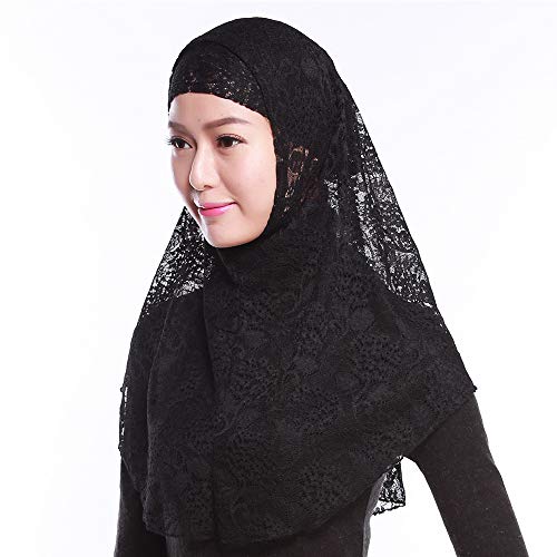 Womens Muslim Lace Long Hijab Scarf Solid Color2