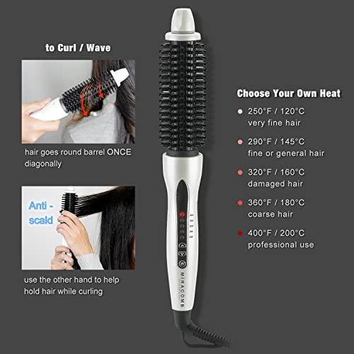 MIRACOMB Professional Hair Curler Straightening Brush | Ceramic Heated Round Brush | 1\" Curling Brush Multi Styler | Anti-Frizz Curl Wand Iron Roller with 5 Heat Settings, Cool Touch, Auto off, White