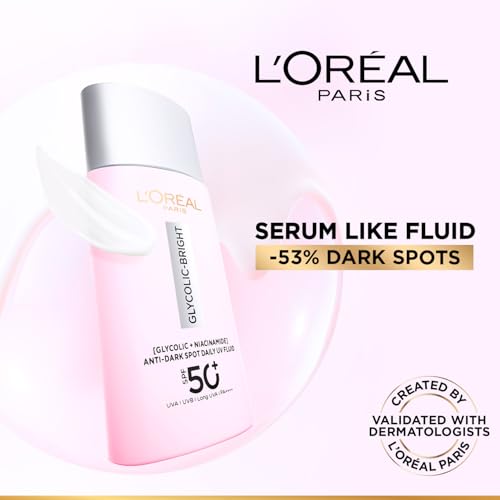 Image of L'Oreal Paris Glycolic-Bright UV Fluid Sunscreen SPF 50+, 50ml | PA++++ protection | Anti-dark spot, lightweight fluid, Non-Sticky