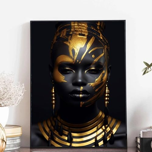 Affiches et impressions ethniques tableau sur toile femme africaine noir et or grand portrait mural