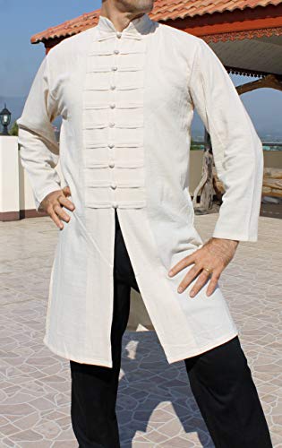 Image of Chinese Collar Mens Long Naval Jacket Many Button Tai Chi Cotton