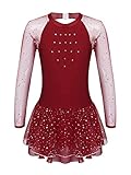 Freebily Kinder Mädchen Eiskunstlaufkleid Glänzend Strass Rollschuh Ballettkleid Gymnastik Tanz Trikot Kleid Turnanzug Burgundy_B 134-140/9-10 Jahre