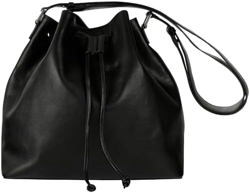 Time Resistance Leather Bucket Bag - Full-Grain Leather Handbag f...