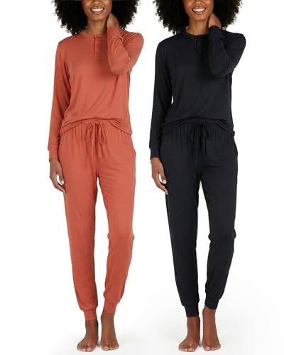 Image of Real Essentials 2 Pack: Women's Soft Long Sleeve Sleep Set - Comfortable Lounge Pull Over Hoodie and Henley Jogger