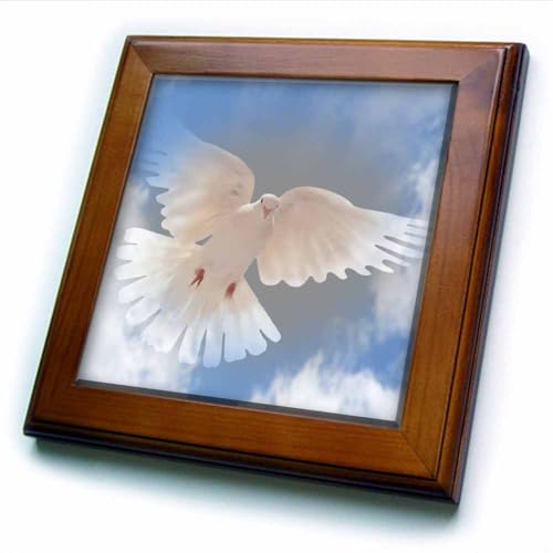 3dRose ft_167116_1 White Flying Dove in Beautiful Cloud Background-Framed Tile Artwork, 8 by 8-Inch