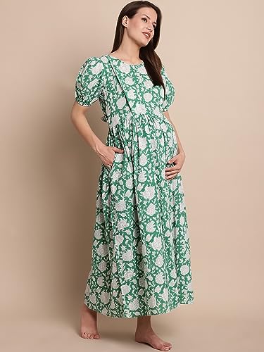 Image of Secret Wish Light Green Floral Block Print Cotton Maternity Dress /Feeding /Nursing /Zipper /Belt.