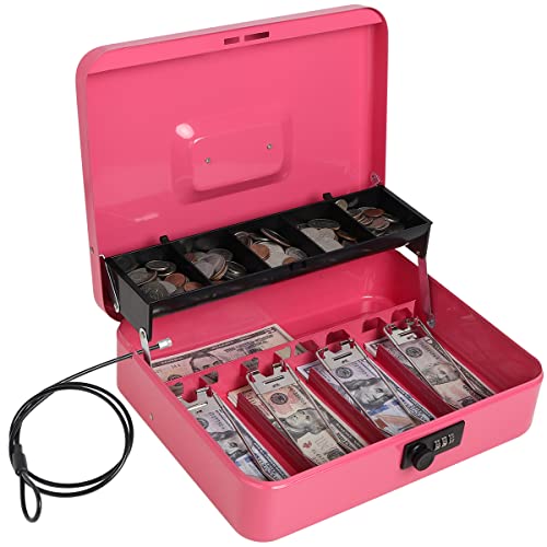 Cash Box With Money Tray, Decaller Combination Lock Money Safe With Security Cable, 5 Compartments & 4 Spring-Loaded Clips For Bills, 11 4/5" X 9 2/5" X 3 1/2" #TOP4