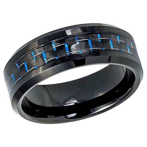 Personalized Custom Engraving Men's Women's Tungsten Wedding Band Engagement Ring 8mm Beveled Edge Black IP Plated with Blue & Black Carbon Fiber Inlay