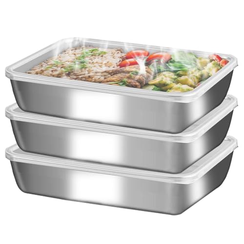 Stainless Steel Food Containers with Lids (3 Sets), Azonee Stackable Set for Freezer & Oven, Food-Grade Kitchen Storage With Clear Covers, Reusable & Dishwasher Safe