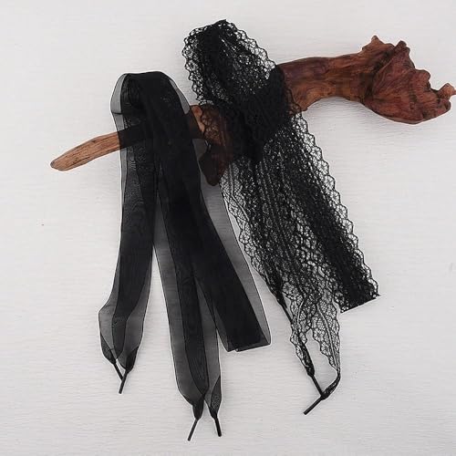 Borhmty Black Lace Organza Shoelace Set for Dress Boots Sneakers Two Style Sheer Black Ribbon Shoelaces Shoestrings for Women Girls Elegant Gothic Shoe Laces Strings Ties for Tennis Dance Shoes by Borhmty - Used condition - Image 6