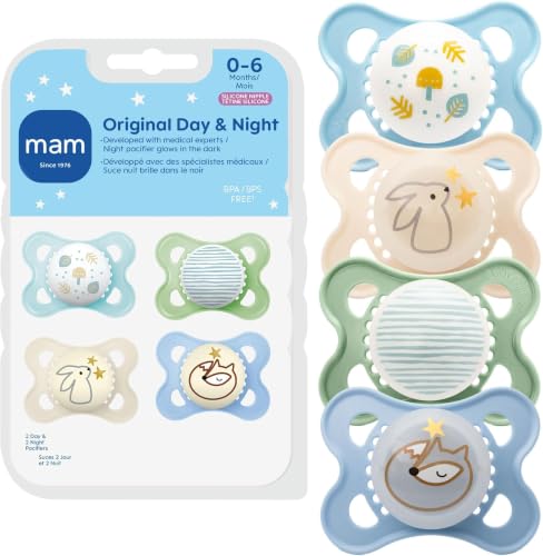 Image of MAM Original Baby Pacifiers 0-6 Months,Binky for Newborn Babies,BPA-Free Skin Soft Silicone Nipple,Glows in The Dark,Developed with Medical Experts,Made in Europe,4 Count (Pack of 12)
