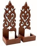 Carved Teak Wood Art Plaque Panel Wall Sconce Candle Holder Wall Mounted Succulent Planter Pots Hanging Plant Holder Decorative Flower Display Set of 2 (Brown-Mahogany, Water Drop)