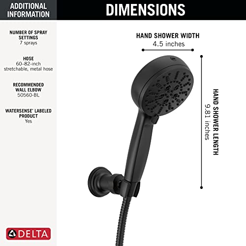 Delta 7-Setting Matte Black Wall-Mount Handheld Shower Head with ProClean Spray, Hand Held Shower Head and Hose with High Pressure Spray, Matte Black 55884-BL by DELTA - Used condition - Image 2