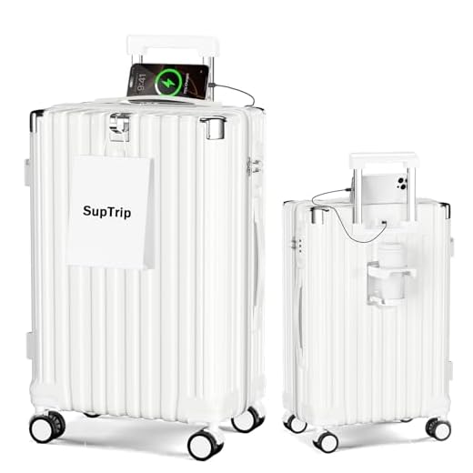 [SupTrip] スーツケース 機内持ち込み 多機能 キャリーケース 大型 超軽量 キャリーバッグ 耐衝撃 USBポート付き カップホルダー付き 充電機能 荷物フック 隠しフック機能 静音 ダブルキャスター 360度回転 修学 泊まる 旅行 出張 (ホワイト, L (62L/1週間程度))
