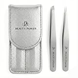 Beauty Power Professional Tweezers Set – Slant & Point, Ultra Precision German Stainless Steel Tweezers for Eyebrows, Chin, Ingrown Hair & Facial Grooming – Lightweight with Case - Gift Idea - Gray