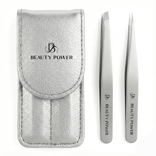 Beauty Power Professional Tweezers Set – Slant & Point, Ultra Precision German Stainless Steel Tweezers for Eyebrows, Chin, Ingrown Hair & Facial Grooming – Lightweight with Case - Gift Idea - Gray