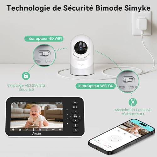 Babyphone Vidéo Simyke, 1 Écrans 5 Pouces + 3 Caméras Motorisées Panoramiques, Utilisation Sans WiFi ou Application Gratuite à Distance, Zoom Numérique, Berceuses Intégrées, Vision Nocturne Infrarouge – vue 3