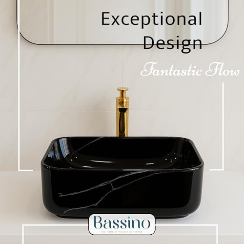 Image of BASSINO 16x12x6 Inches Ceramic Wash Basin for Bathroom /10 Years Warranty /Black & White Designer Table Top Washbasin /Rectanglar Shape Counter Top Small Wash Basin for Dining Hall /Living Room(Glossy)