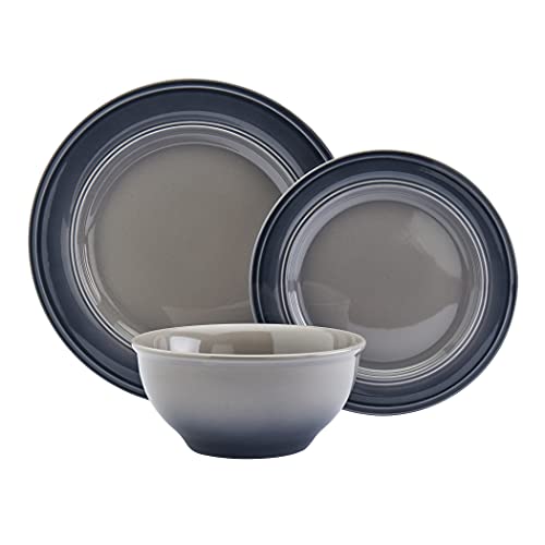 Mason Craft & More Festival Dinnerware Collection- Round Durable Stoneware Bold Colorful Ombre Glaze Plates Bowls, 12 Piece Festival Dinnerware Set in Shadow Grey