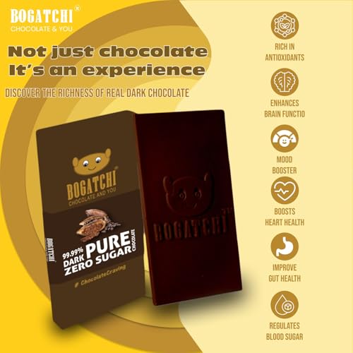 Image of BOGATCHI 99% Dark Chocolate Bar 60g - Zero Sugar & Unsweetened Pure Cocoa | Single Origin Premium Dark Chocolate | Rich in Antioxidants | Keto Chocolate | Healthy Bitter Chocolate (Pack of 3)