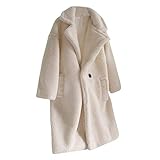 Lulupi Damen Warm Fleecemantel Winter Jacke Mantel Lang Revers Winterjacke Teddy Fleece Plüschjacke Faux Wolle Coat Parka Outwear mit Taschen