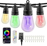 Outdoor String Lights 49ft, Outdoor Lights for Patio String Lights for Outside with 15 Dimmable LED Bulbs IP66 Waterproof, Shatterproof,APP Control & Remote Customizable Colors for Backyard Decor