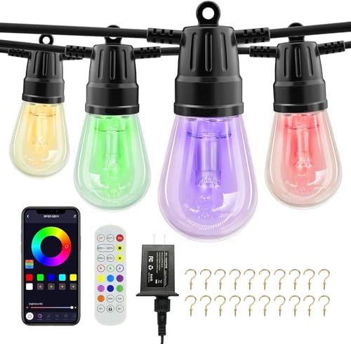 Outdoor String Lights 49ft, Outdoor Lights for Patio String Lights for Outside with 15 Dimmable LED Bulbs IP66 Waterproof, Shatterproof,APP Control & Remote Customizable Colors for Backyard Decor