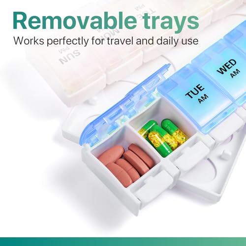 Image of Sukuos AM PM Weekly Pill Organizer 7 Day, 2 Times A Day Medicine Pill Box with Easy Push Button, BPA Free Vitamin Cases for Fish Oil /Supplements, Easy to Clean (Yellow&Blue)