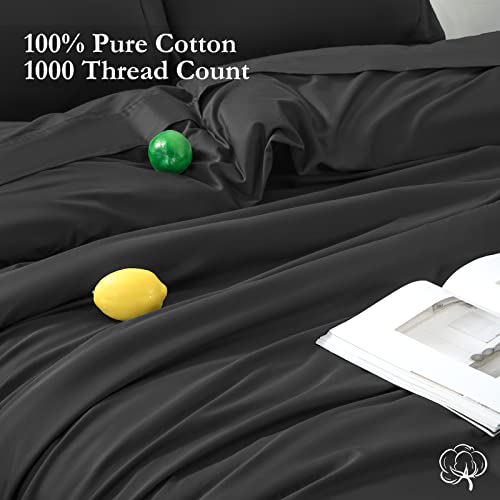 Lbro2M 100% Egyptian Cotton 1000 Thread Count Full Size Sheets Set,Bed Sheet 4 Piece Sets,16 Inches Deep Pocket,Bedding Super Soft Breathable,Sateen Weave Long Staple,All Season,Black #TOP1