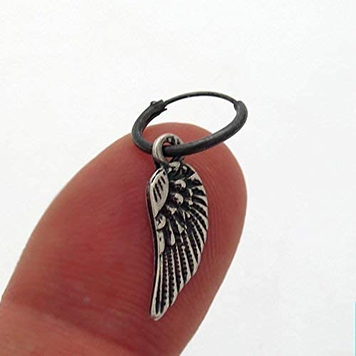 Angel Wing Single Earring - Mens Black Hoop Earring - Unisex Hoops - Oxidized Black Sterling Silver Jewelry For Men - Gothic Style Earring - Dangle Wing Earring #TOP5