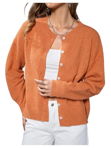 Image of SweatyRocks Women's Fall Button Down Lightweight Cardigan Ribbed Knit Long Sleeve Crew Neck Sweater
