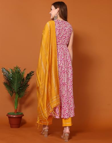 Image of SKYLEE Women's Printed & Gota Lace Cotton Silk Anarkali Kurta Set with Dupatta