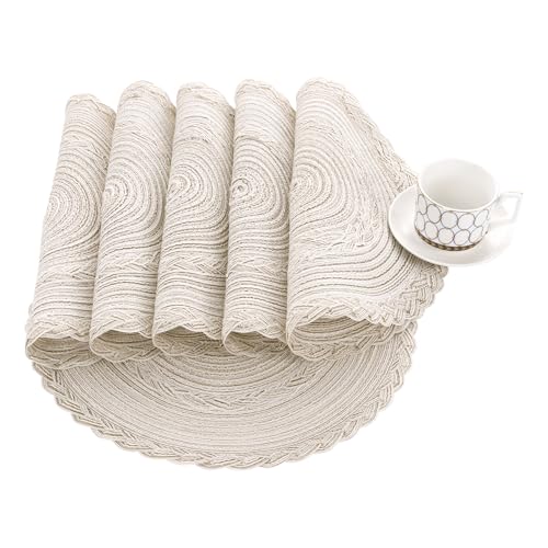 Image of SHACOS 15 inch Round Braided Placemats Set of 12 for Dining Table Woven Boho Place Mats Kitchen Placemat Washable Table Mats, Ivory Bordered