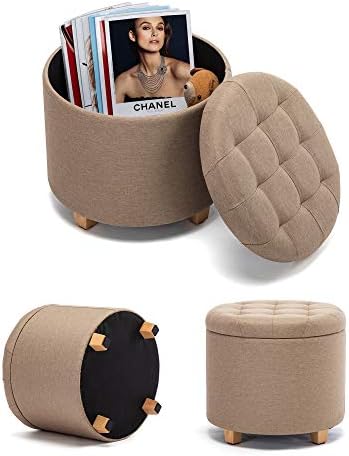 HNNHOME 45cm Round Linen Padded Seat Ottoman Storage Stool Box, Footstool Pouffes Chair with Lids (Beige)