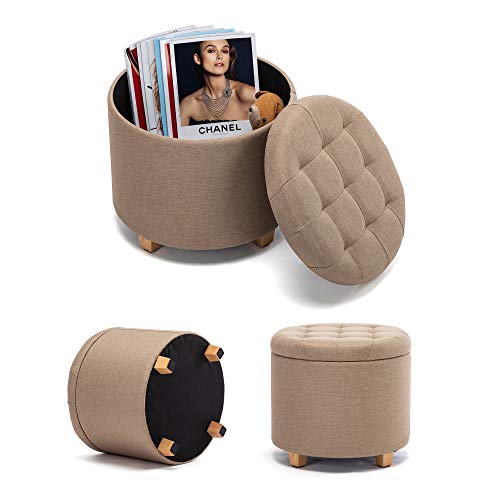 HNNHOME 45 cm ronde linnen Ottomaanse opbergkruk met gewatteerde zitting, voetenbank, poef, stoel met deksel (Beige) - Afbeelding 6
