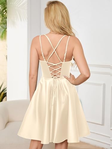 Image of Homecoming Dresses for Teens Knee Length Spaghetti Strap with Pockets Satin Backless Prom Dress
