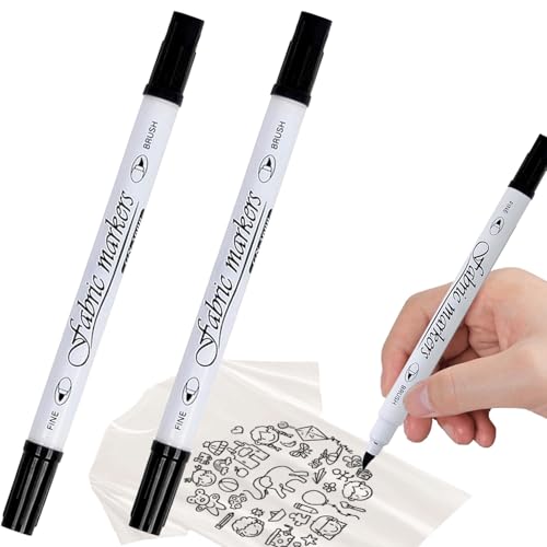 Canollo Textilstifte Waschmaschinenfest mit Doppelspitze, 2 Stück Textilfarbe Schwarz, Textilmarker Waschmaschinenfest, Stoffmalstifte, Textilstift Schwarz für Textilien Schuhe Die Hemden Hüten