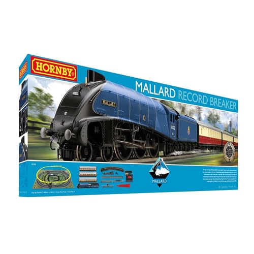 Image of Hornby Electric Train Set - R1282T Mallard Record Breaker LNER - OO Gauge | Train Starter Sets, Adult Vintage Trains, Small Hobby Model for Adults - with Tracks, MidiMat, Connecting Track, Controller