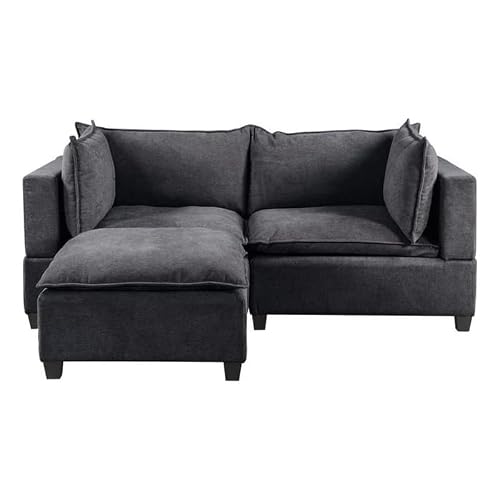 Bowery Hill Modern Contemporary Woven Fabric Sectional Loveseat Sofa With Ottoman And Down Feather Filled Cushions In Dark Gray #TOP16