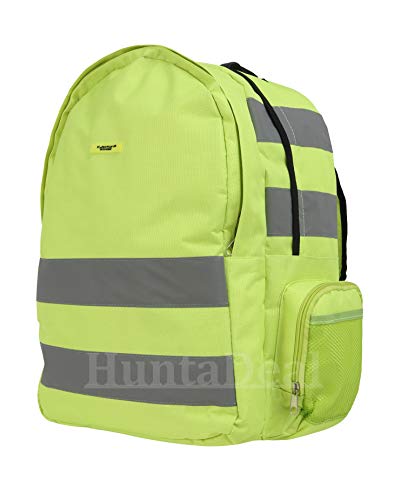 HuntaDeal Hi Vis Backpack - High Visibility Bag for Work Cycling Hiking Walking School College & University - Yellow Backpack with 25l Capacity Reflective Adjustable Straps & Padded Back