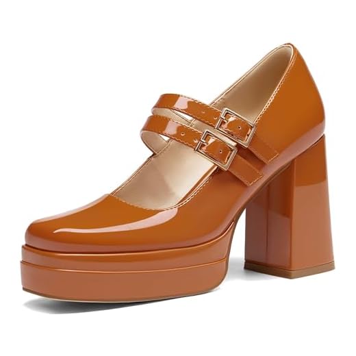 Coutgo Sandália feminina plataforma Mary Jane com duas tiras, bico quadrado, salto grosso, sapatos de festa, Marrom, 37
