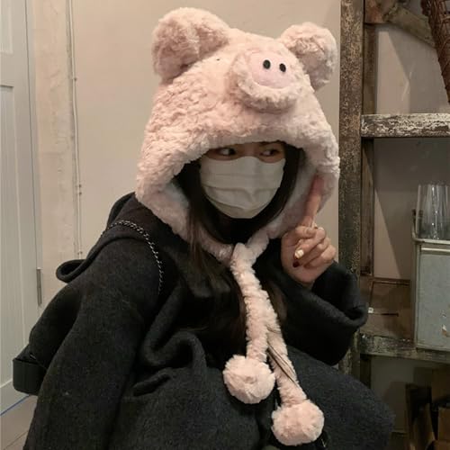 Plush Piggy Hat Soft Warm with Ear Flaps Fleece Lining Thermal Winter Hat for Adults and Teens4