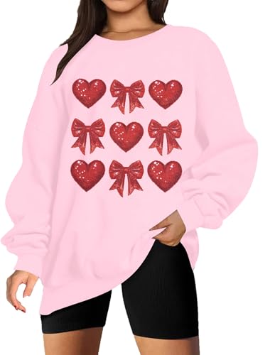 Image of KIMSOONG Valentines Day Love Heart Sweatshirt Women Bow Graphic Long Sleeve Shirt Casual Valentines Gifts Pullover Tops