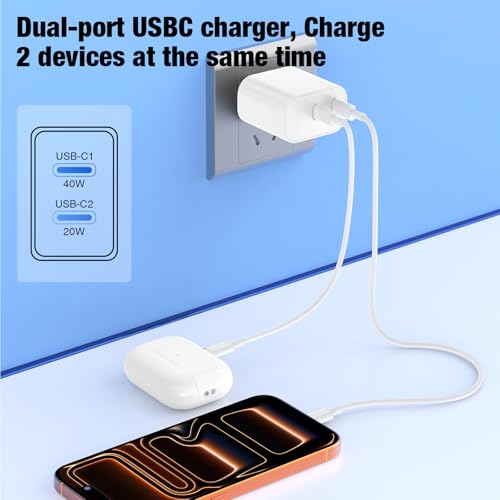 Image of Dual Port Type-C Fast Charger 60W(in total) for iPhone 17 Pro Max, 6 /6 /10 /10FT PD3.0 USBC Fast Charging Cable /Cord for iPhone 17 /16 /15 Pro /Plus, iPad, Samsung Galaxy S26 S25 S24 S23 S22, Android Phone
